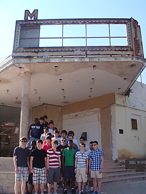 Students from Eltham College in front of the Miramar Theatre on a recent trip to Havana