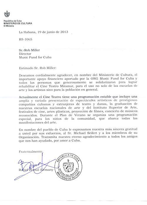 Original letter of thanks in spanish from the Ministry of Culture